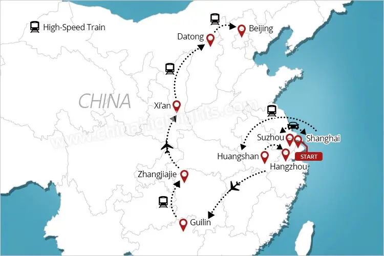 Shanghai Guilin Xi'an Beijing tour map